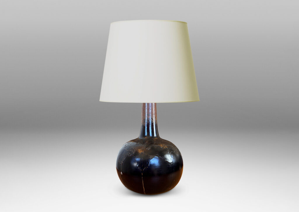 Gallery BAC gourd form with plump globe and attenuated neck, with textile texture draping around shoulder, glazed in black with red luster