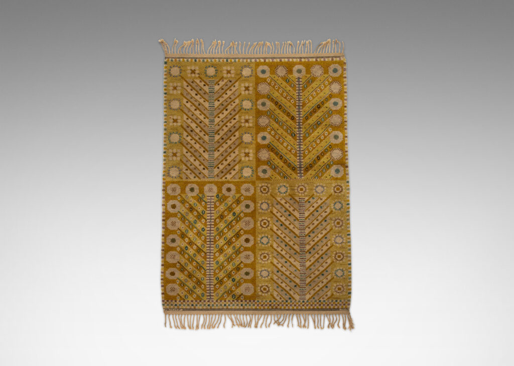 Gallery BAC geometric tree of life pattern in gold, mustard, ivory and cerulean; wool pile and linen warp