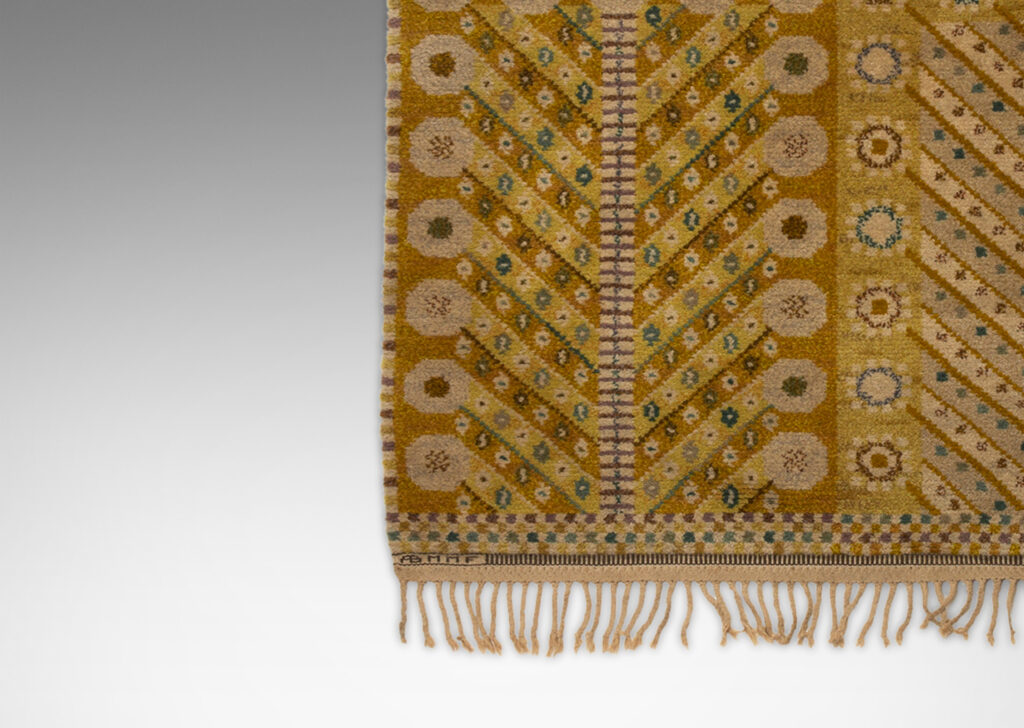 Gallery BAC geometric tree of life pattern in gold, mustard, ivory and cerulean; wool pile and linen warp