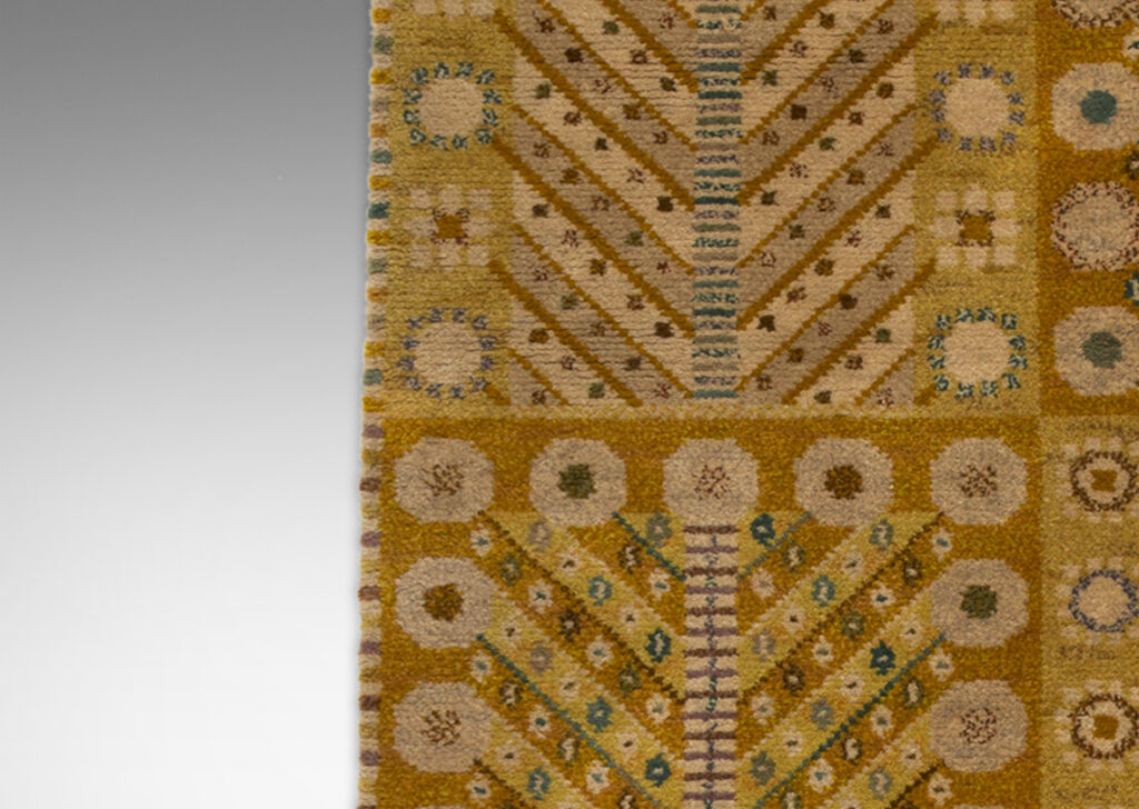 Gallery BAC geometric tree of life pattern in gold, mustard, ivory and cerulean; wool pile and linen warp