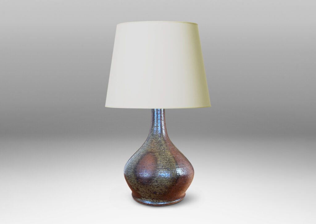 Gallery BAC decanter-like form, glazed in a greenish gray with abstract brown luster design