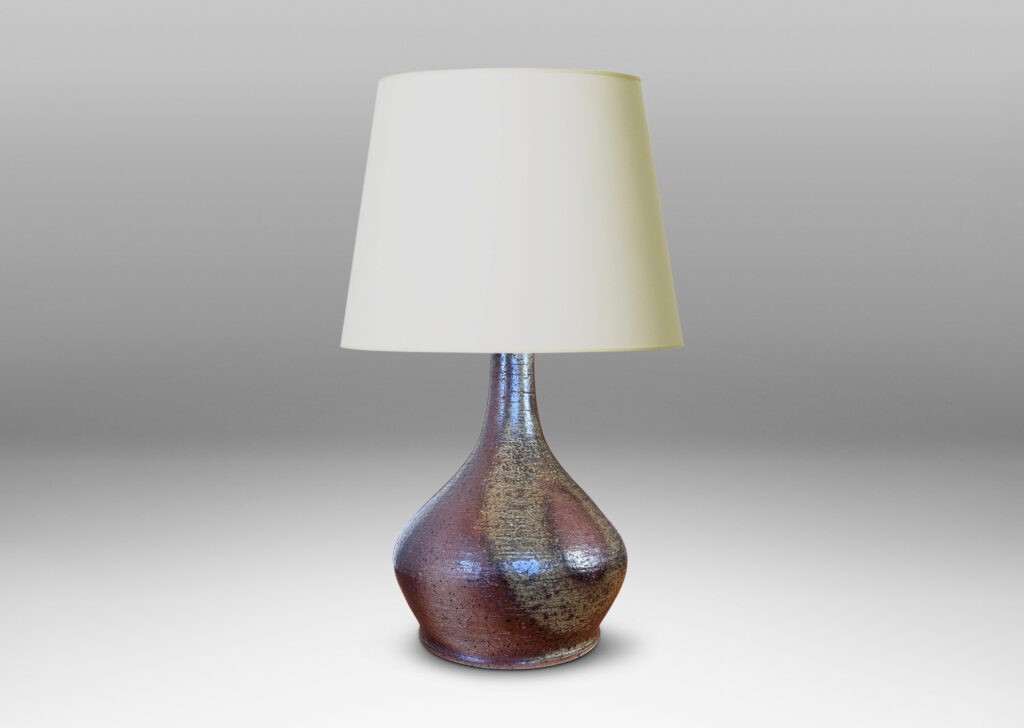 Gallery BAC decanter-like form, glazed in a greenish gray with abstract brown luster design