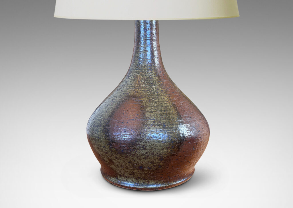 Gallery BAC decanter-like form, glazed in a greenish gray with abstract brown luster design