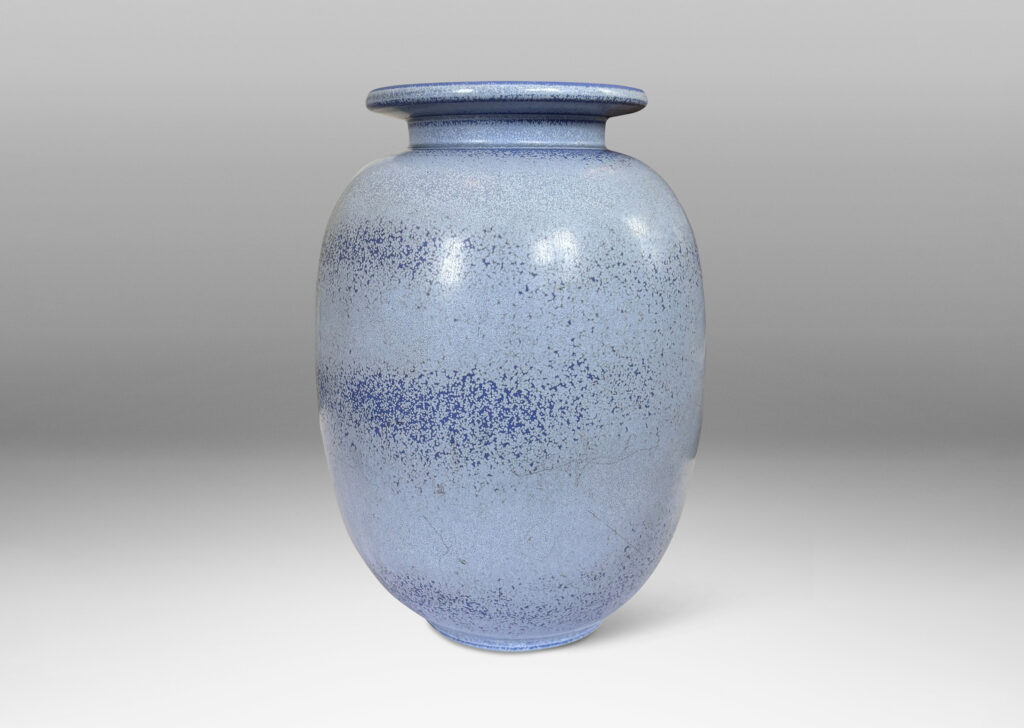 Gallery BAC ovoid form with flanged lip, glazed in airy light and darker French blue tones