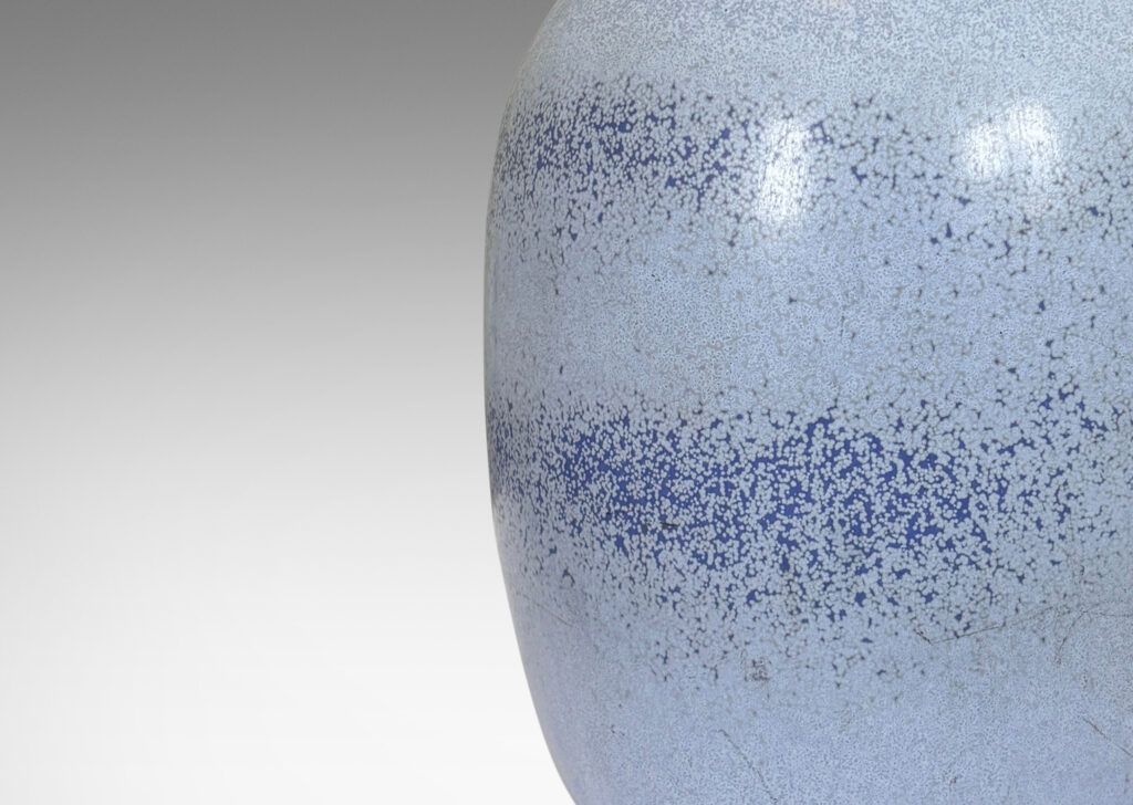 Gallery BAC ovoid form with flanged lip, glazed in airy light and darker French blue tones