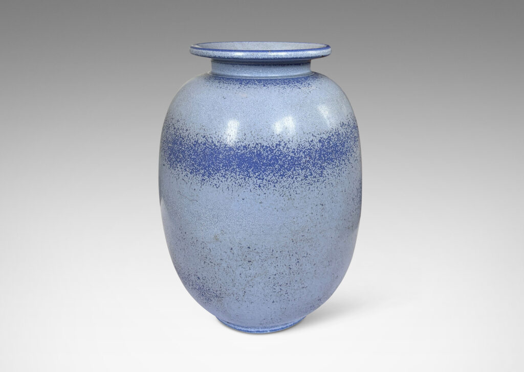 Gallery BAC ovoid form with flanged lip, glazed in airy light and darker French blue tones