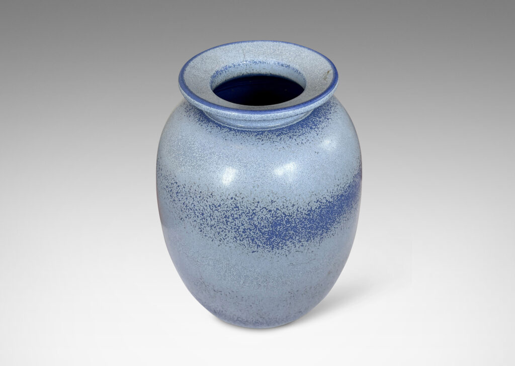 Gallery BAC ovoid form with flanged lip, glazed in airy light and darker French blue tones