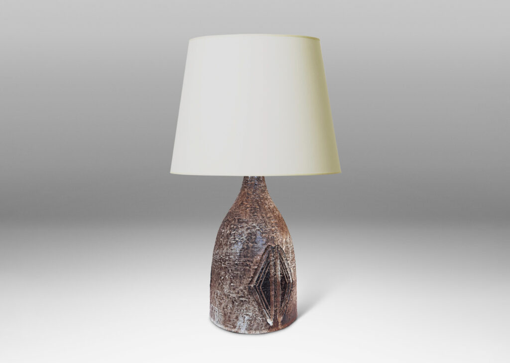 Gallery BAC bell form with carved triangular motifs, glazed in pale gray-tan and brown