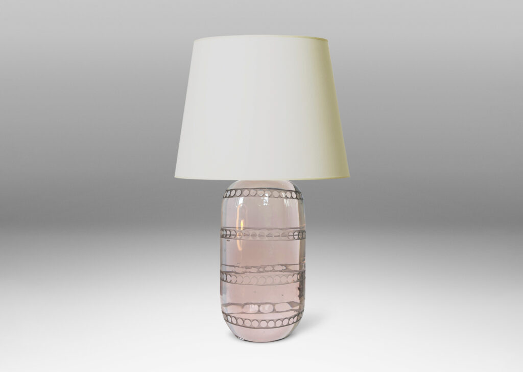 Gallery BAC upright ovoid form with very subtle gray-lavender tint, with engraved bands of dots; crystal and brass