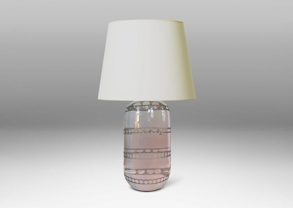 Gallery BAC upright ovoid form with very subtle gray-lavender tint, with engraved bands of dots; crystal and brass