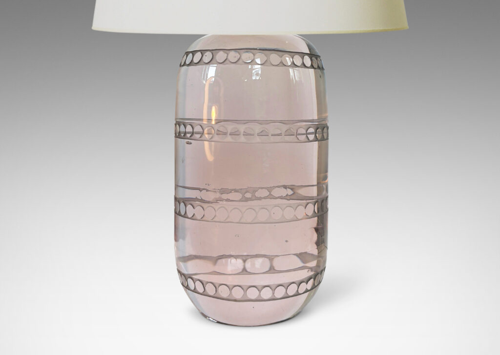 Gallery BAC upright ovoid form with very subtle gray-lavender tint, with engraved bands of dots; crystal and brass