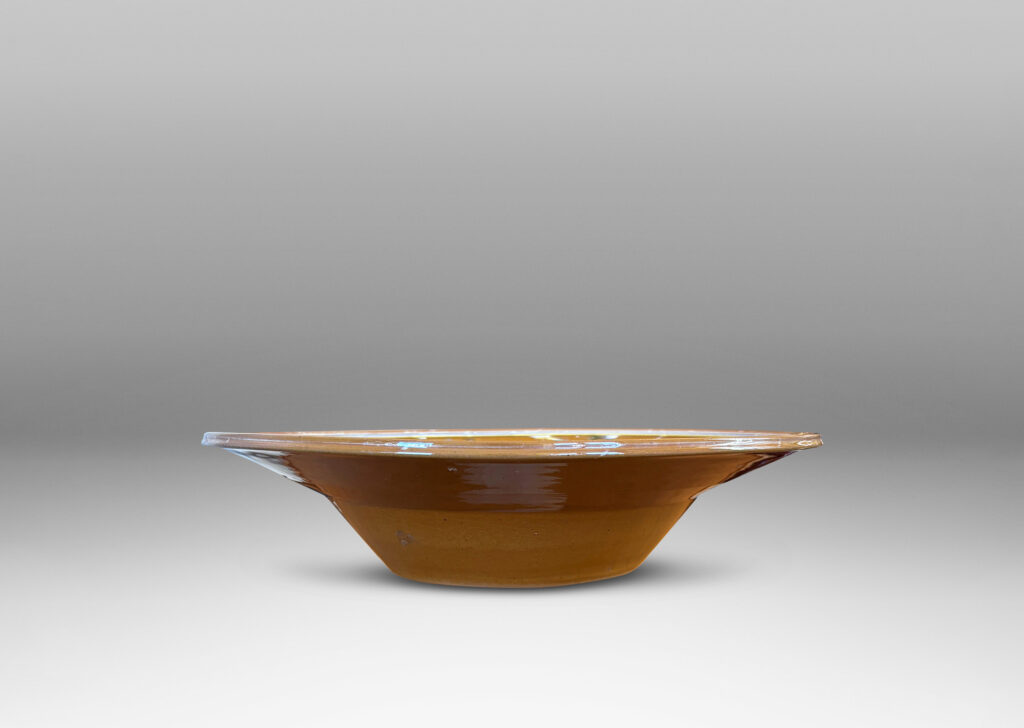 Gallery BAC glazed in caramel brown with stripes, drips and swirl in white, blue and yellow