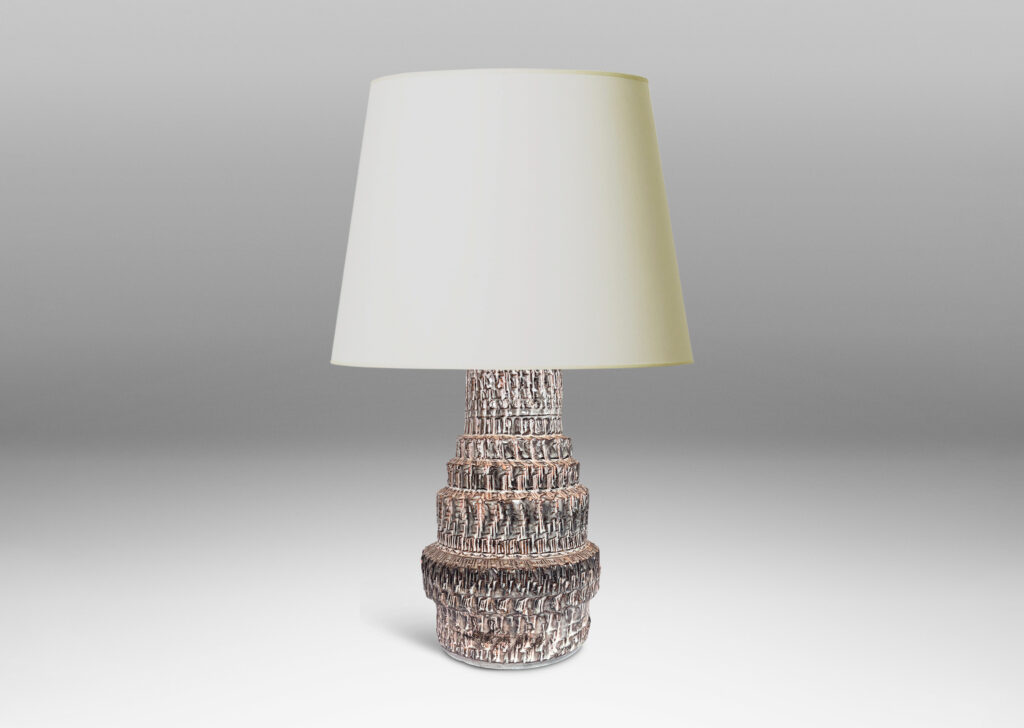 Gallery BAC textured tiered form, glazed in pale warm gray and dark brown