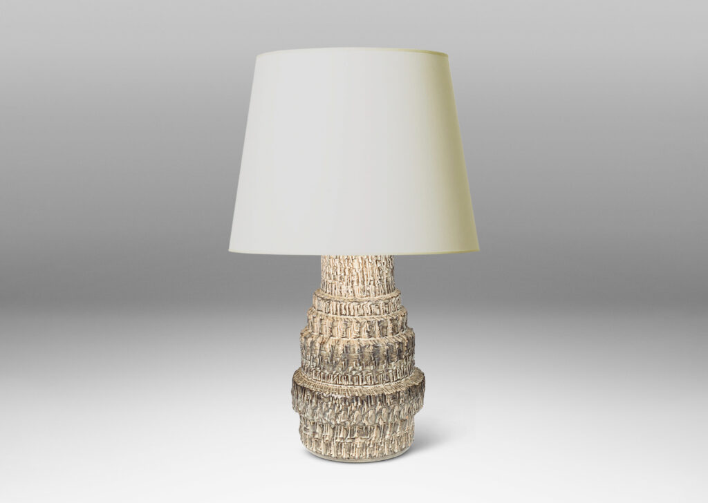 Gallery BAC textured tiered form, glazed in pale warm gray and dark brown