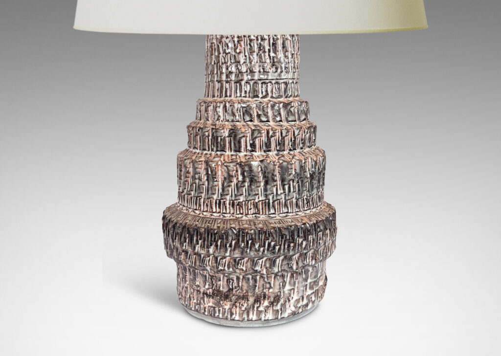 Gallery BAC textured tiered form, glazed in pale warm gray and dark brown