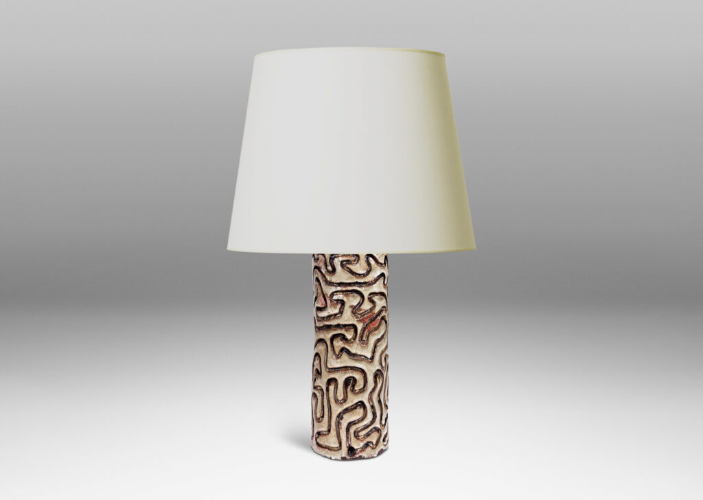 Gallery BAC columnar form with carved vermicelli pattern, glazed in pale gray and dark brown