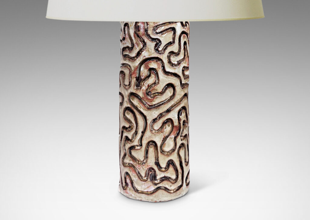 Gallery BAC columnar form with carved vermicelli pattern, glazed in pale gray and dark brown