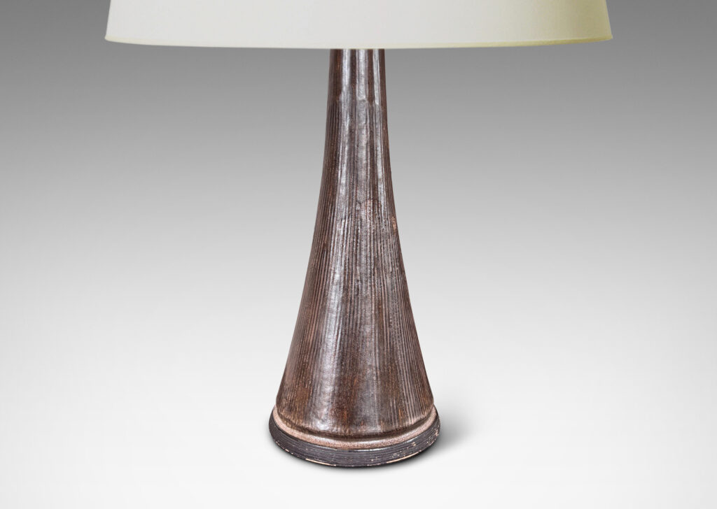 Gallery BAC trumpet-like form with reeded texture, glazed in dark brown