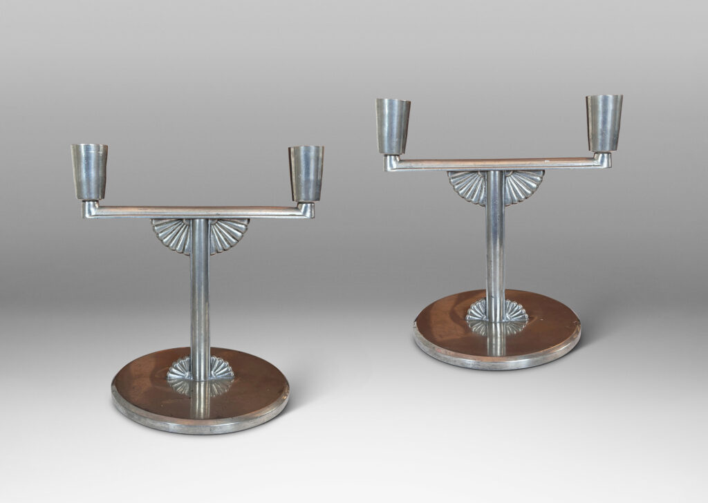 Gallery BAC orthogonal stands, disk plinths, and branches with two candle sockets, with supportive rosette brackets