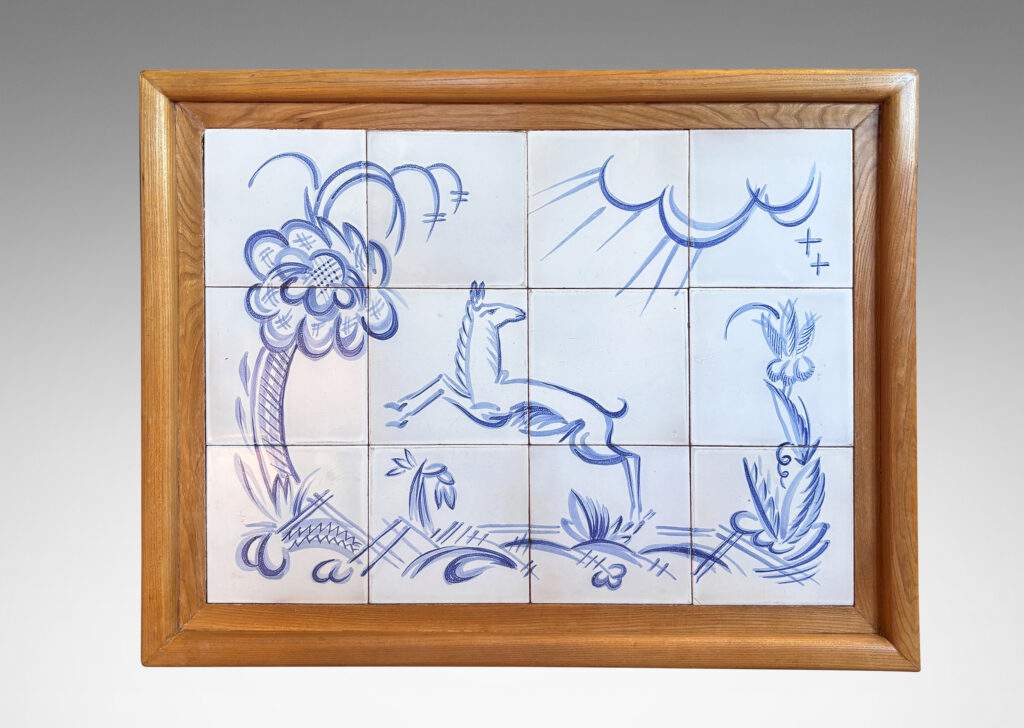 Gallery BAC rectangular top with sculpted lip, tapered legs and shelf, featuring a tile top surface in white glaze with charming hand-painted deer and landscape design in blue