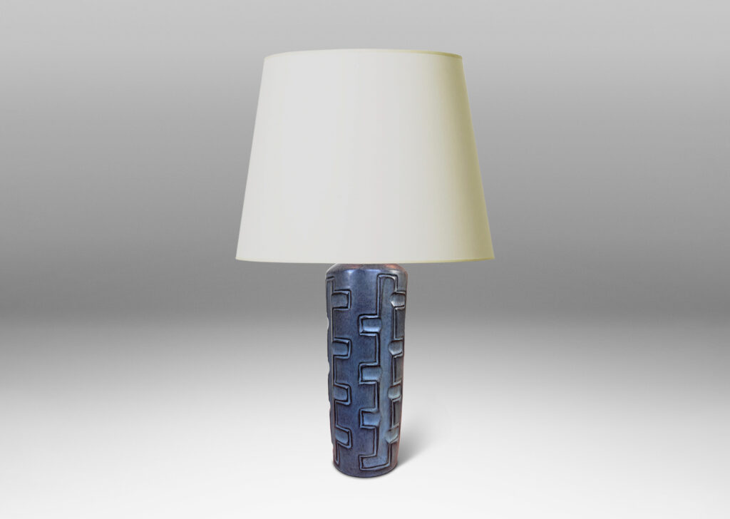 Gallery BAC tapered form with carved Greek key-like stripe design, glazed in gray-blue with black undertones