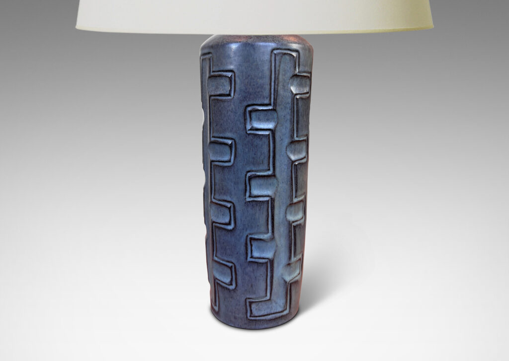 Gallery BAC tapered form with carved Greek key-like stripe design, glazed in gray-blue with black undertones