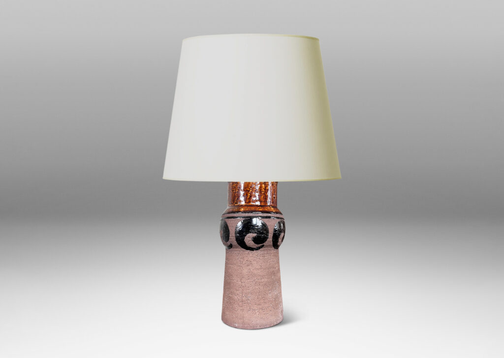 Gallery BAC subtly raked columnar form with engaged knob, glazed with swirl motifs in matte and shiny brown