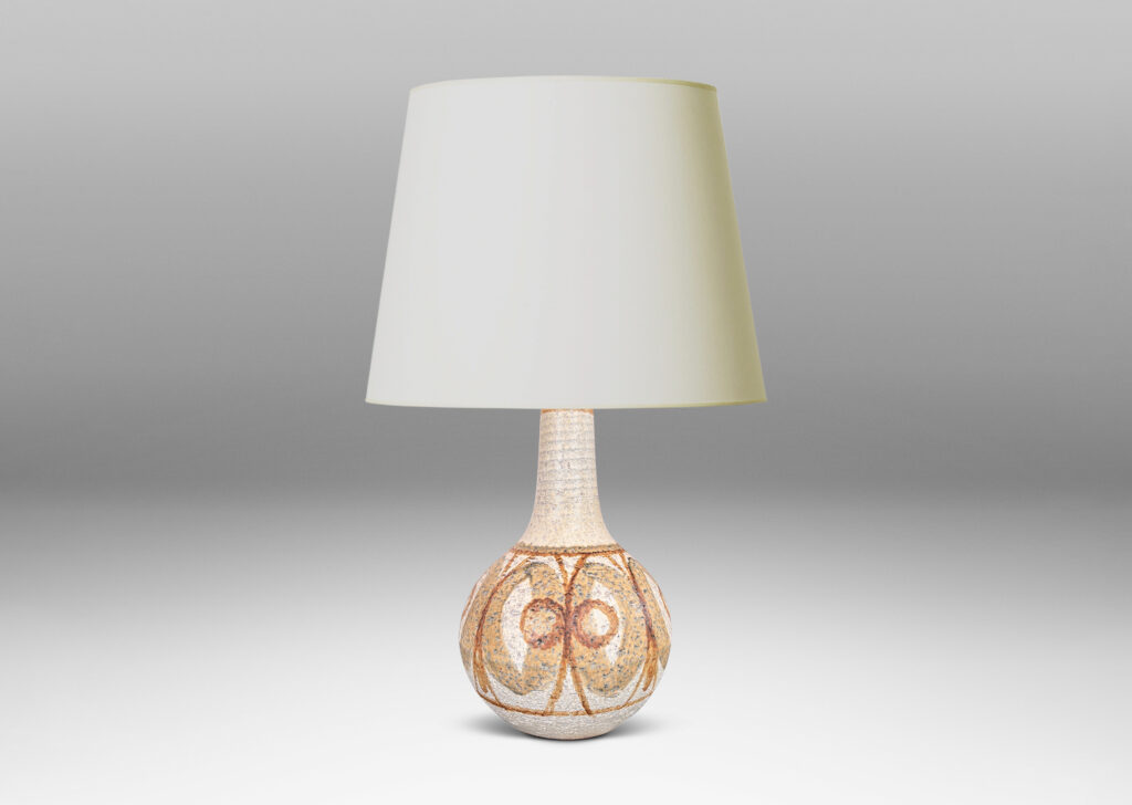 Gallery BAC globe form with sprouting neck, glazed in matte ivory with graphic geometric design in tan and brown