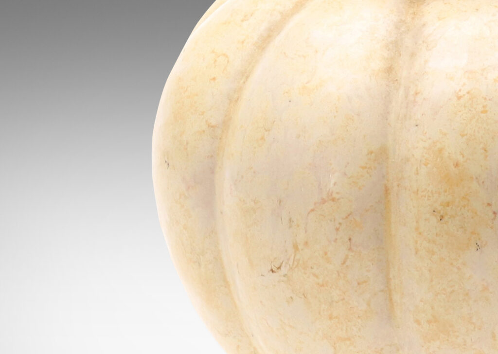 Gallery BAC lobed form with spouting mouth and disk plinth, glazed in sponged butter yellow outside and turquoise inside