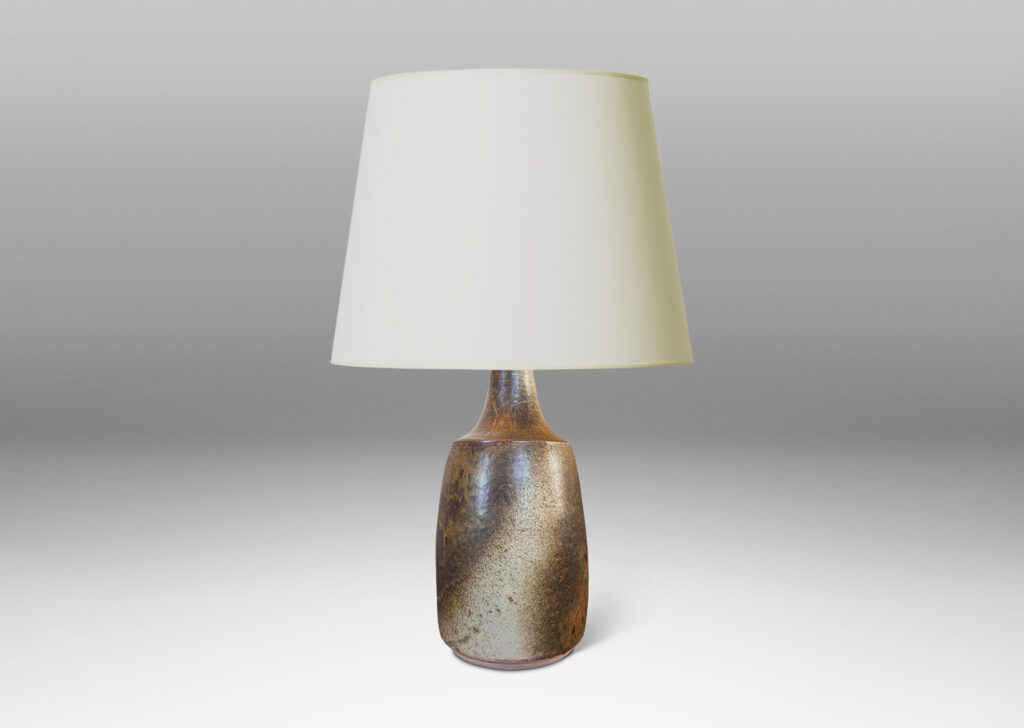 Gallery BAC cylindrical form with sprouting neck, glazed in airy taupe-tan and dark brown