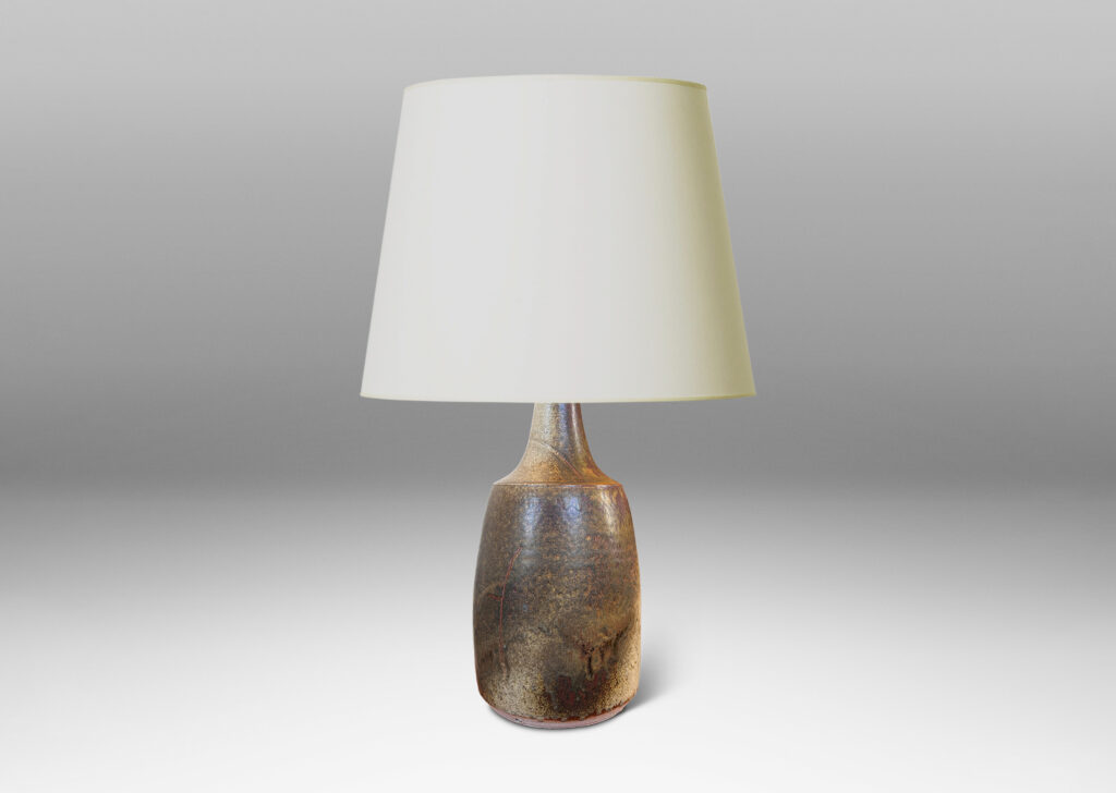 Gallery BAC cylindrical form with sprouting neck, glazed in airy taupe-tan and dark brown