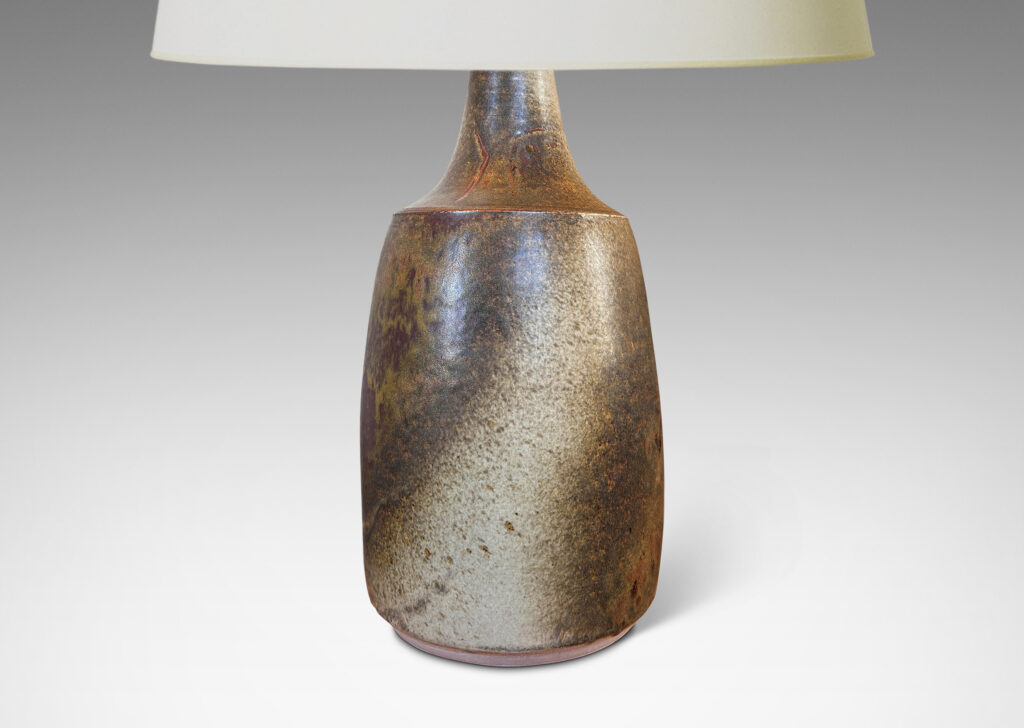 Gallery BAC cylindrical form with sprouting neck, glazed in airy taupe-tan and dark brown
