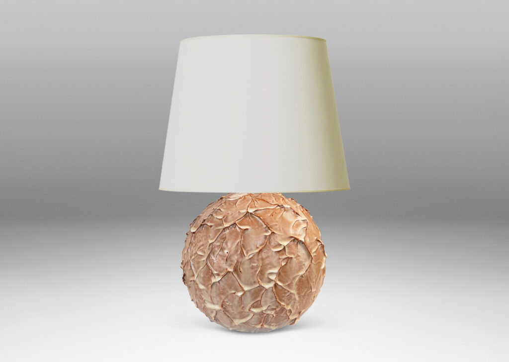 Gallery BAC highly textured globe form glazed in beige with brown tinted edges