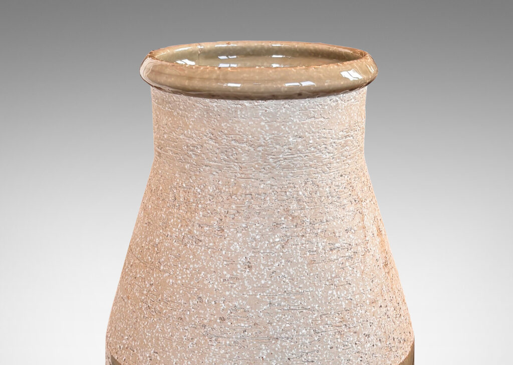 Gallery BAC drum form with angled neck, in grog ceramic with partial gloss greenish gray gloss