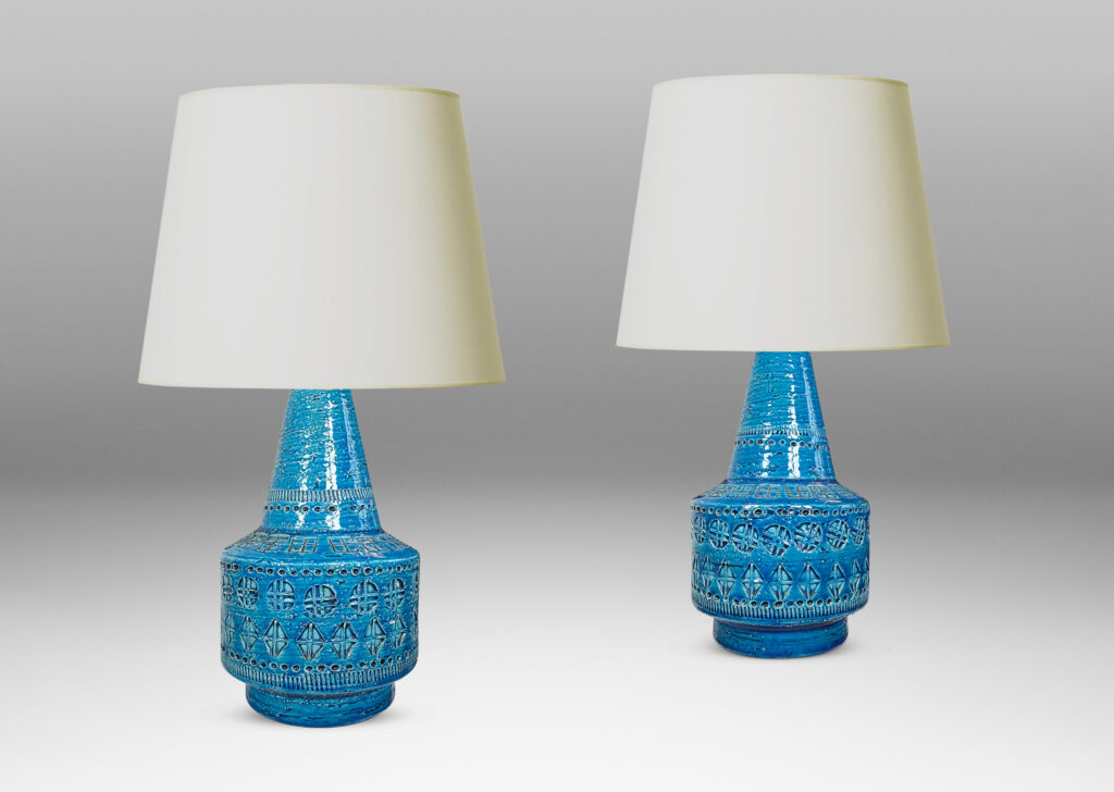 Gallery BAC floating drum form with conical neck, ornamented with impressed geometric motifs, glazed in a saturated cerulean blue