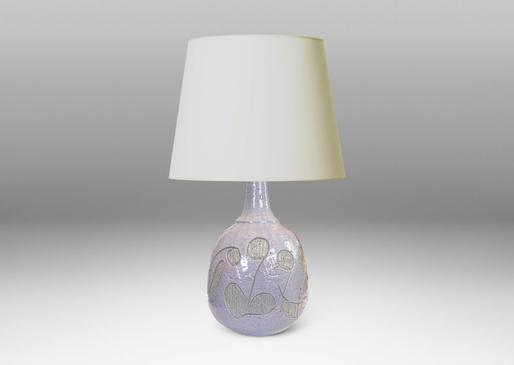 Gallery BAC ample ovoid form with sprouting neck and carved abstract floral ornaments, glazed in glossy pale gray and ivory