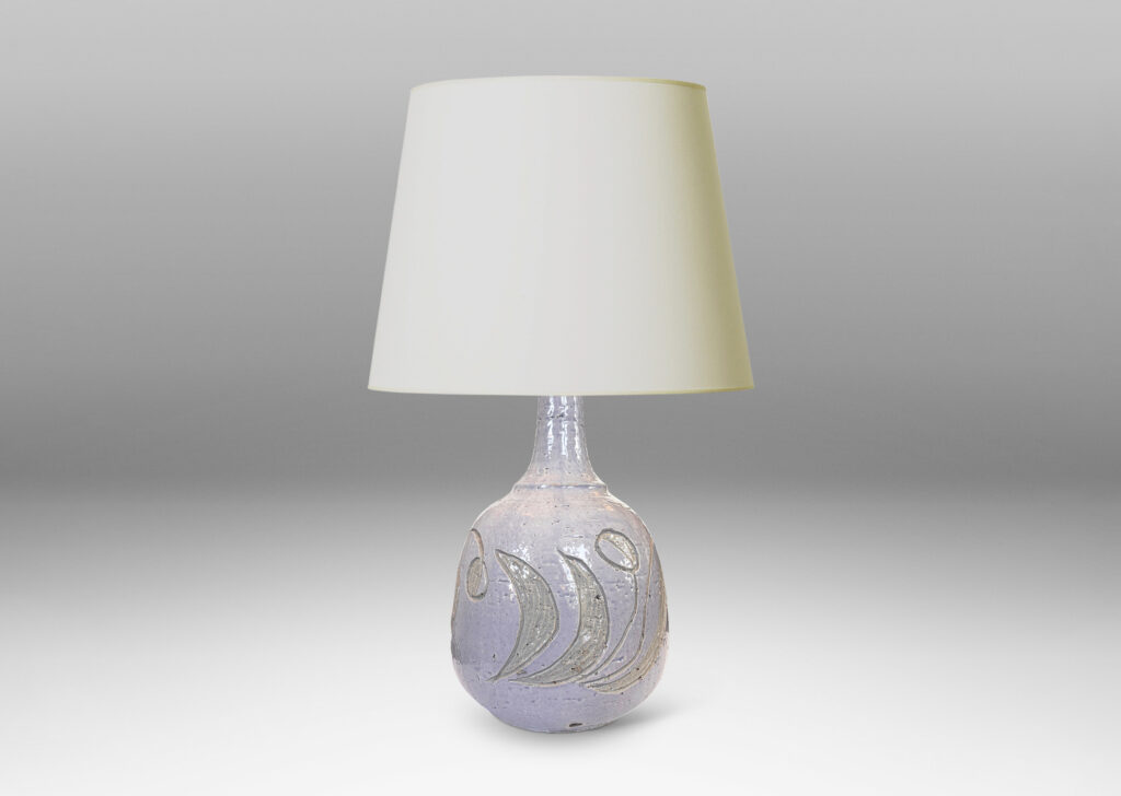 Gallery BAC ample ovoid form with sprouting neck and carved abstract floral ornaments, glazed in glossy pale gray and ivory