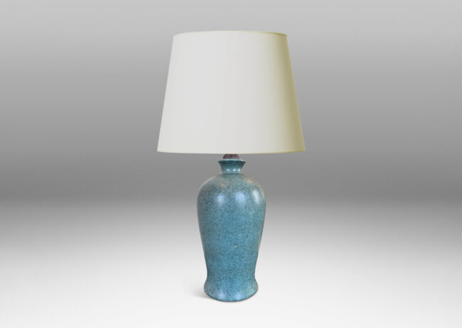 Gallery BAC classic swelling vase form, glazed in sponged teal blue, with reeded mount