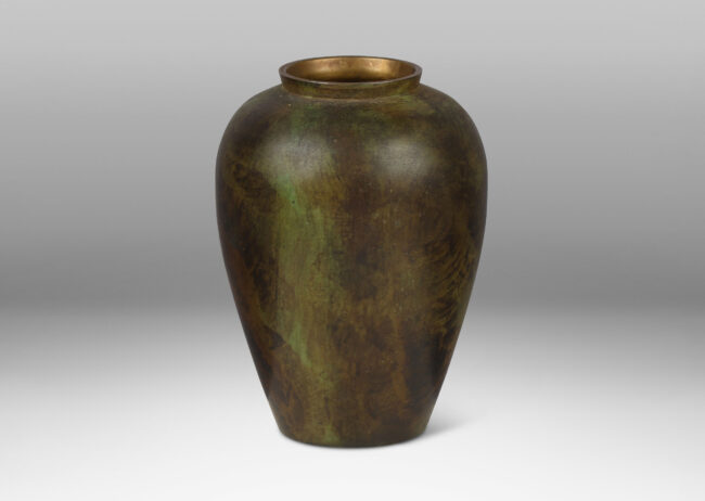 Gallery BAC tapered form with a rich verdigris-brown-black patination and contrasting polished lip; bronze