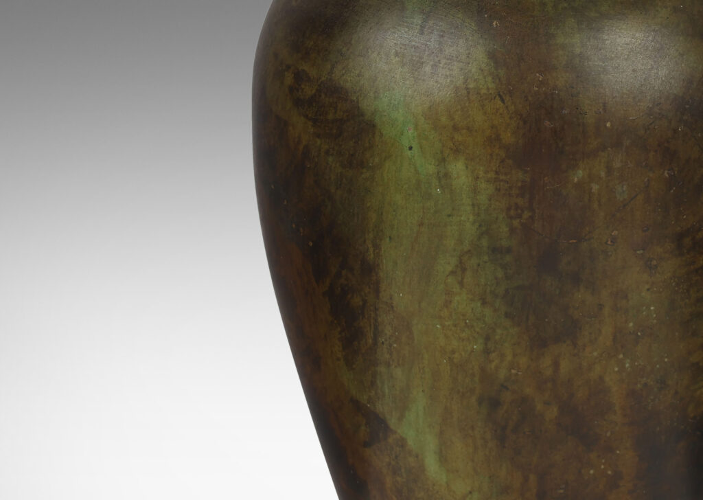 Gallery BAC tapered form with a rich verdigris-brown-black patination and contrasting polished lip; bronze