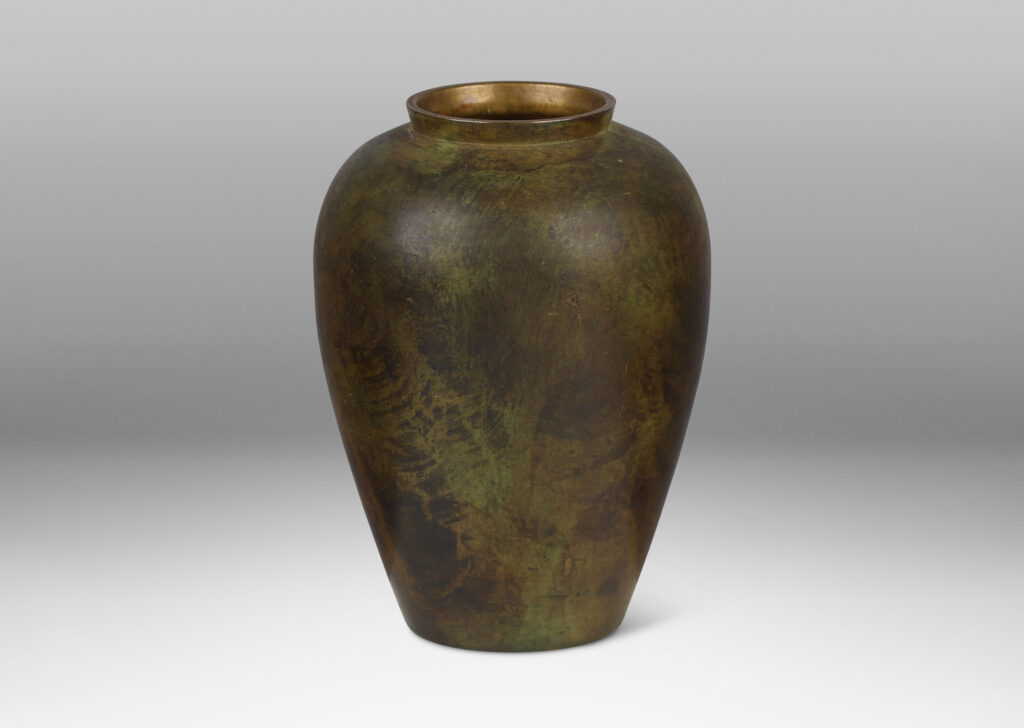 Gallery BAC tapered form with a rich verdigris-brown-black patination and contrasting polished lip; bronze