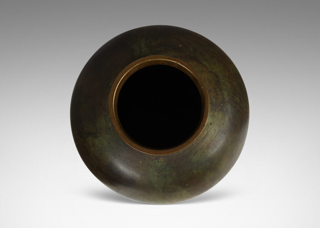 Gallery BAC tapered form with a rich verdigris-brown-black patination and contrasting polished lip; bronze