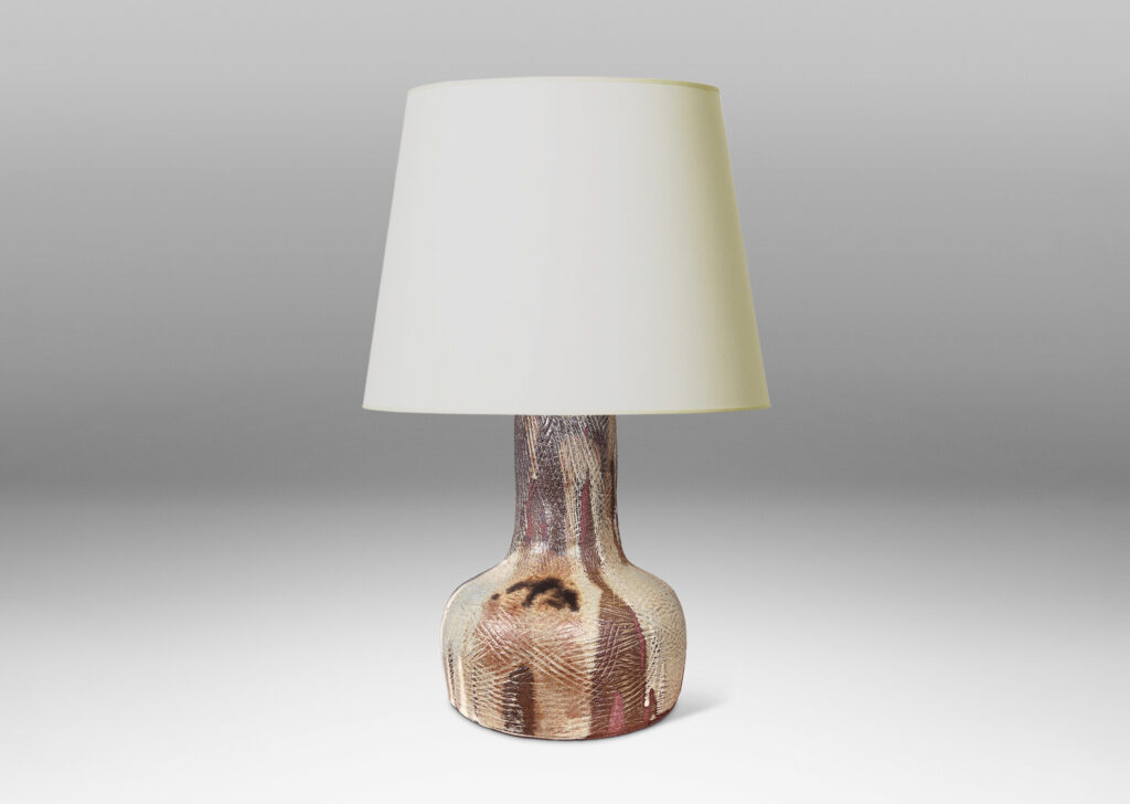 Gallery BAC low drum form and wide neck, with carved hatched texture and flowing brown and pale gray glazing
