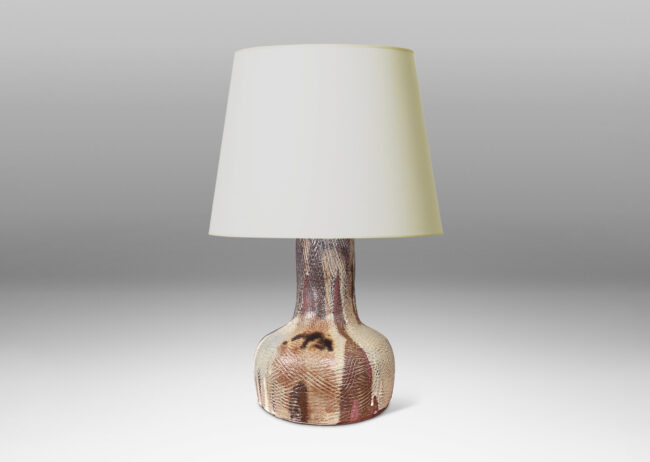 Gallery BAC low drum form and wide neck, with carved hatched texture and flowing brown and pale gray glazing