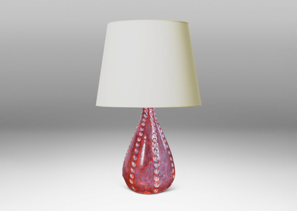 Gallery BAC echinoderm-evoking drop form with meridians of carved dots, glazed in shiny burgundy and light purple