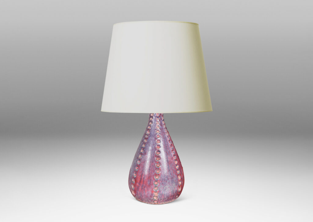 Gallery BAC echinoderm-evoking drop form with meridians of carved dots, glazed in shiny burgundy and light purple