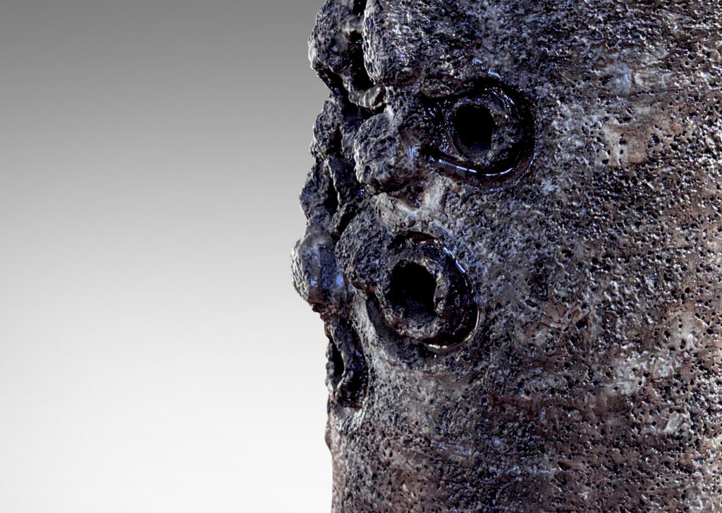 Gallery BAC cylindrical forms with attenuated necks, with textured surfaces and barnacle-like organic elements