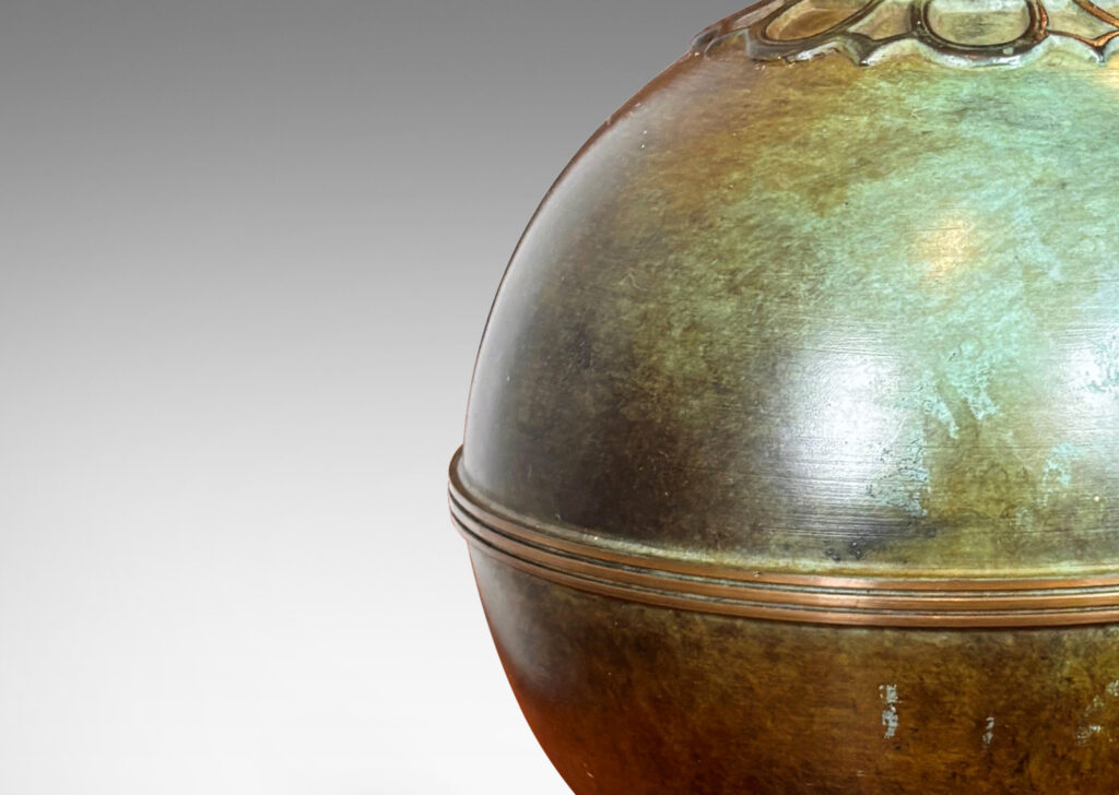 Gallery BAC globe forms on square plinths with collar ornaments and coved necks; high-quality cast bronze with a magnificent original patination featuring notable verdigris blue-green tones and burnished detailing