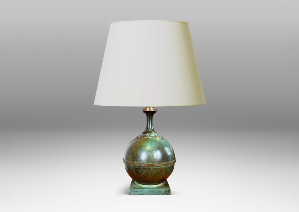Gallery BAC globe forms on square plinths with collar ornaments and coved necks; high-quality cast bronze with a magnificent original patination featuring notable verdigris blue-green tones and burnished detailing