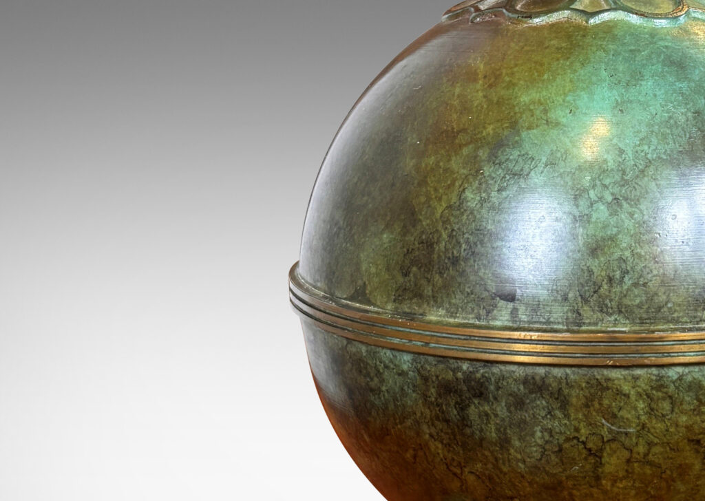 Gallery BAC globe forms on square plinths with collar ornaments and coved necks; high-quality cast bronze with a magnificent original patination featuring notable verdigris blue-green tones and burnished detailing